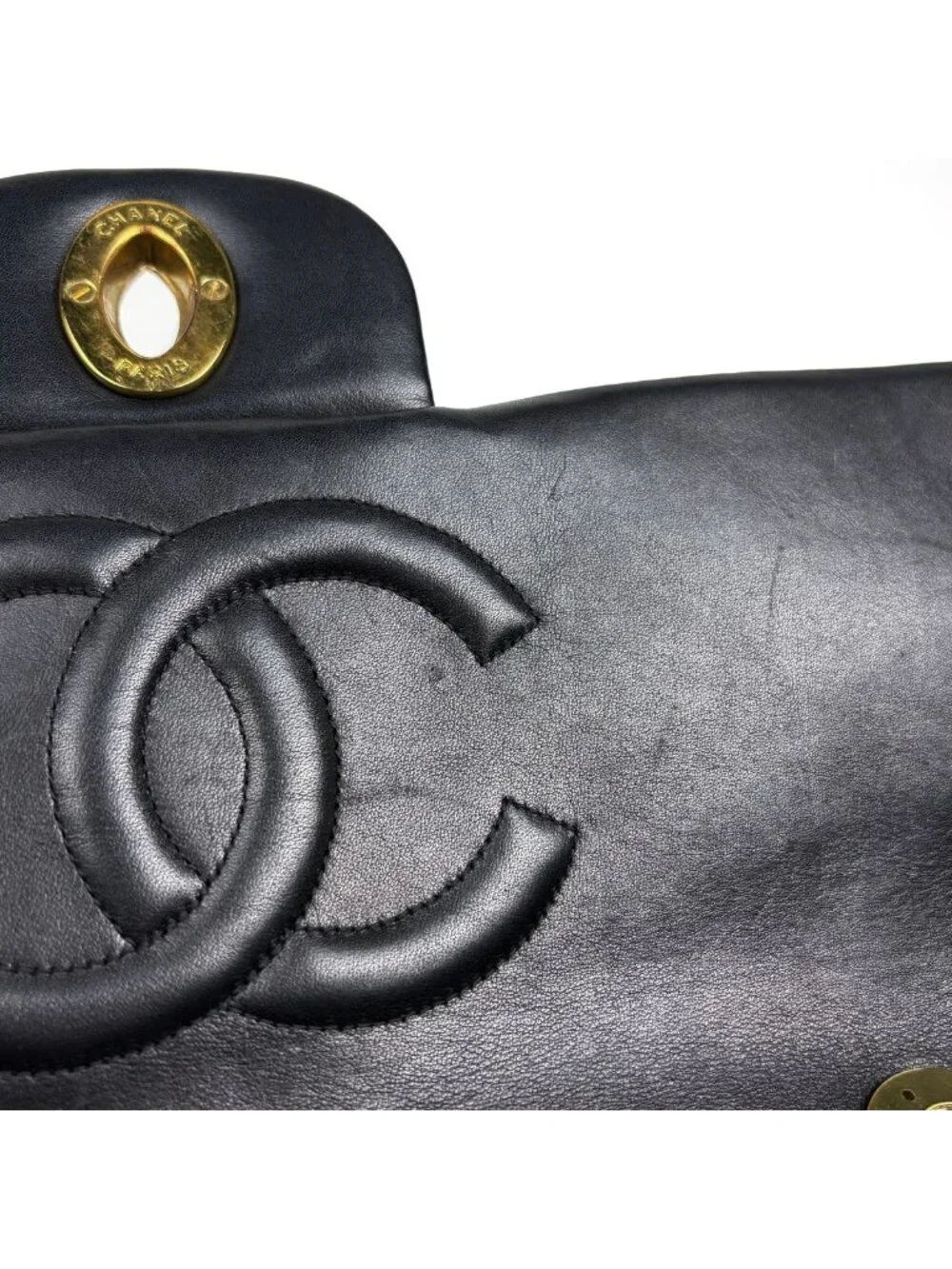 Chanel Big Quilted Shoulder Bag CC Logo Single Flap Chain Leather Black